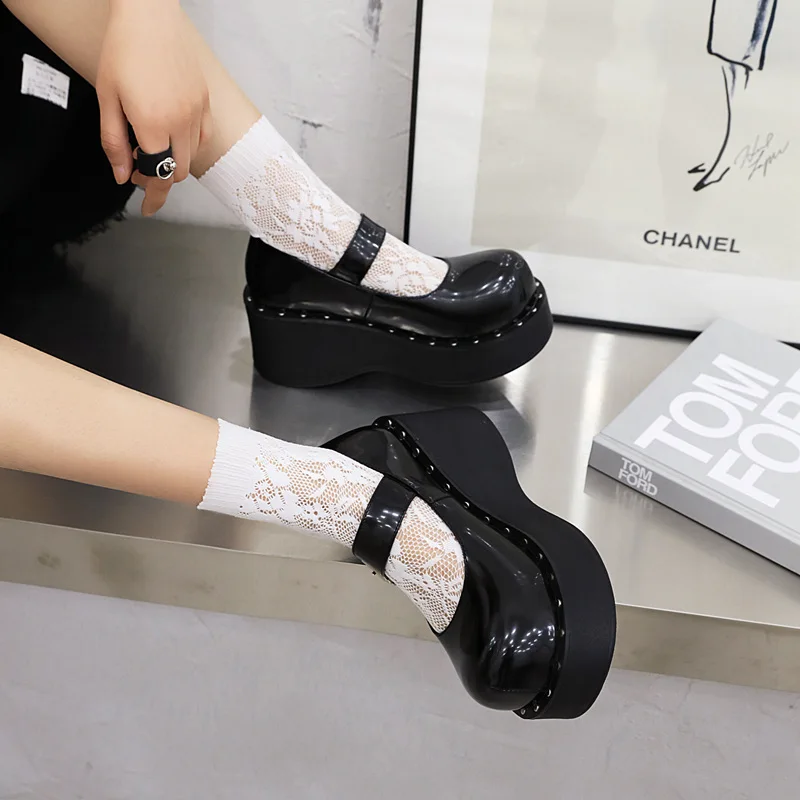 Women Wedges Heel Goth Mary Janes Platform Shoes Round Toe Buckle Ankle Strap Patent Leather Dress Pumps Comfort School Cosplay