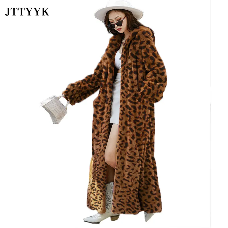 Women Winter Leopard Fur Jacket X-Long Parkas Warm Plush Fluffy Faux Fur Coats Hooded Korean Overcoat Female Oversized Clothing