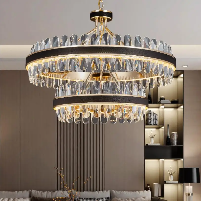 

Crystal Chandelier Living Room Light Luxury Led Black Leather Lamp Creative Round Bedroom Light Reception Room Dining Room Light