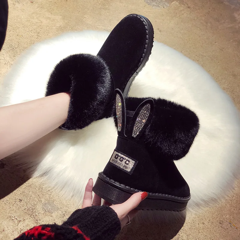 Fashion Faux Fur Winter Snow Boots Women\'s Flat Heel Ankle Boots Rhinestone Rabbit Ear Cotton Shoes Warm Women Boots WSH4263