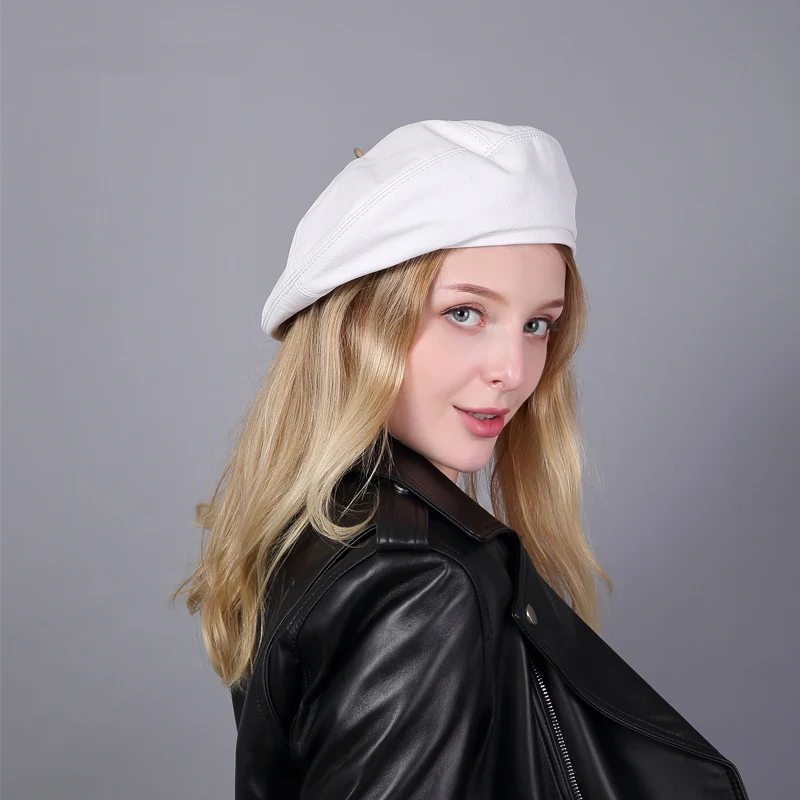 Spring/Winter 100% Real Leather Beret Hat Women Fashion European Pumpkin Painter Caps Female Rainbow Color White/Red Thin Boina