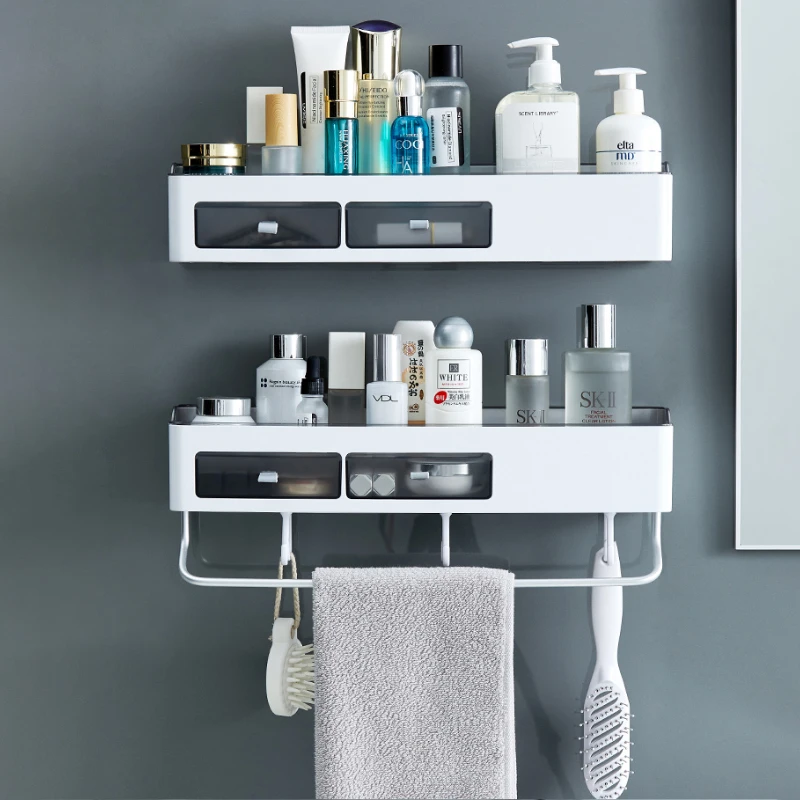 

Punch-Free Storage Rack Bathroom Shelf With Drawer Towel Bar For Kitchen Organizer Household Bathroom Accessories Housekeeper