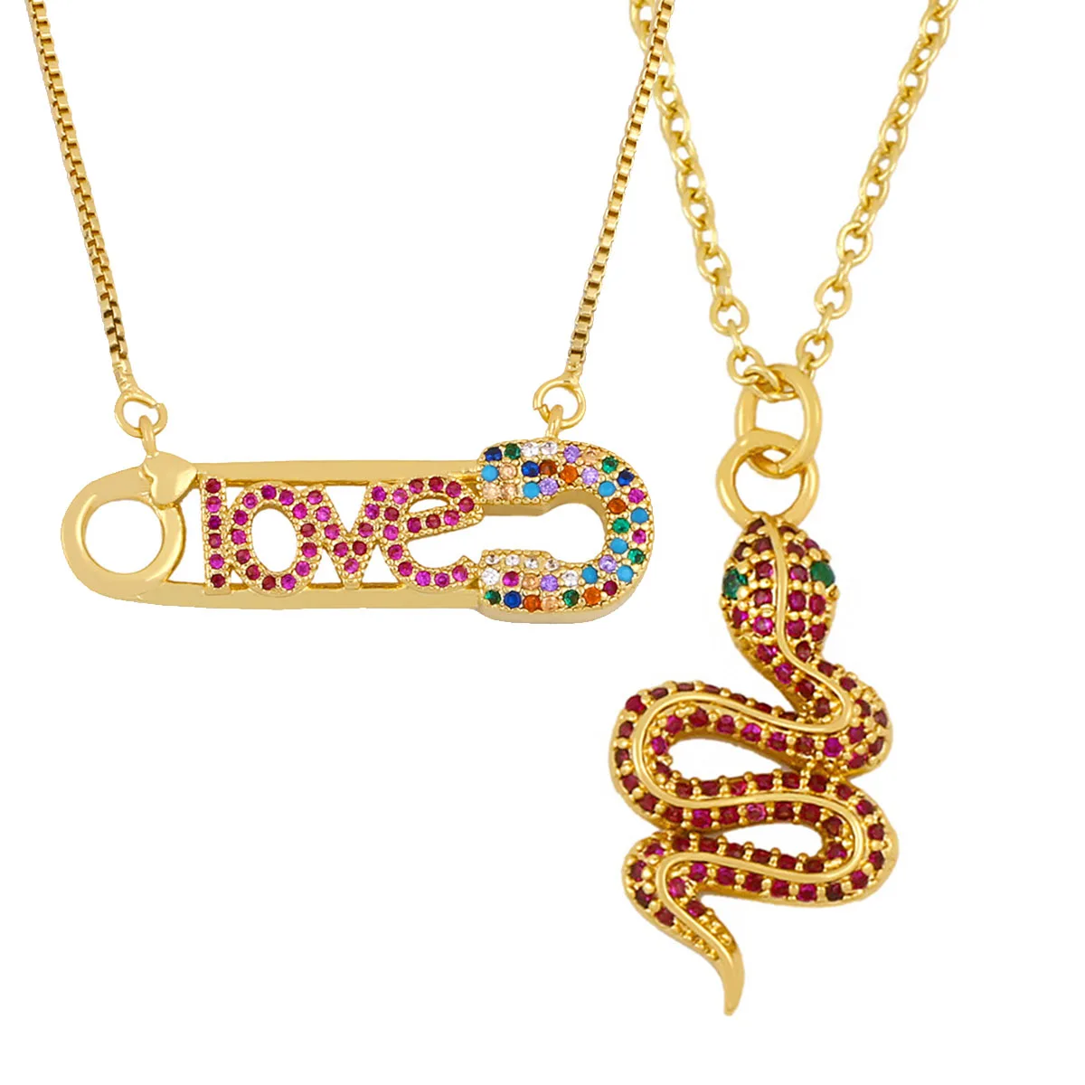 Punk Multicolor Snake Necklaces For Women  Rainbow Zircon L O V E Letter Safety Pin Pendant Choker Neck Gold Plated Jewelry Gift