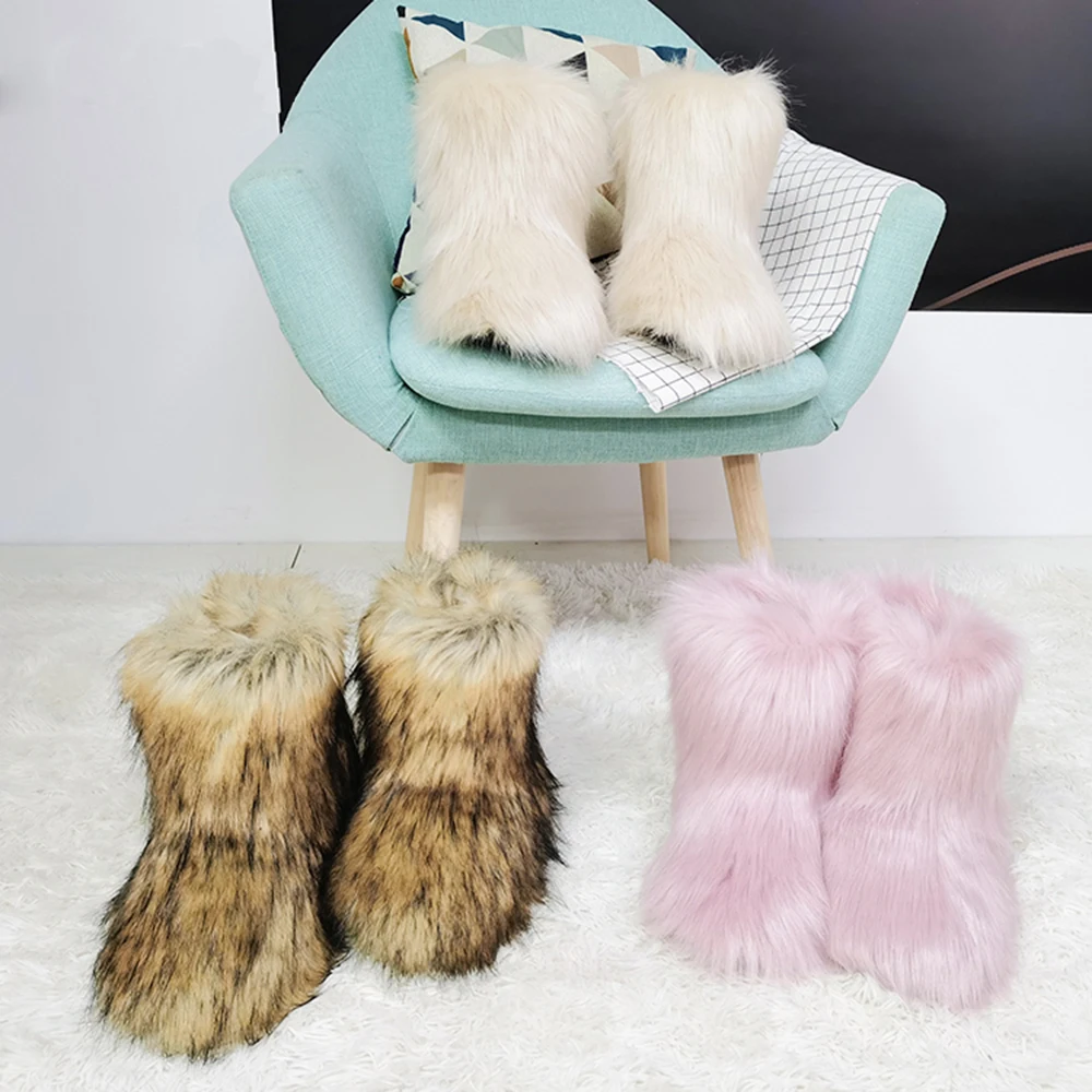 Boot Female Women Lady Faux Fox Fur Ankle Boot Bag Headband Set Furry Snow Boots Fluffy Plush Boots Amazing Shoes and Purse