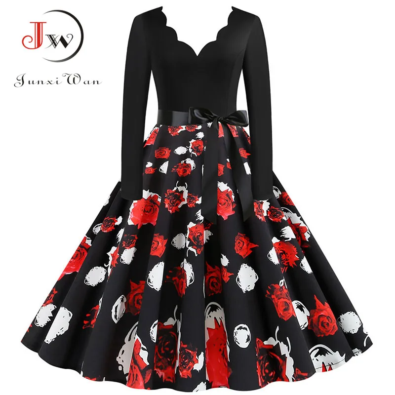 Women Long Sleeve Winter Vintage Dresses Sexy Black Music Note Print V-neck Rockabilly Pin up Party Dress Vestidos Plus size