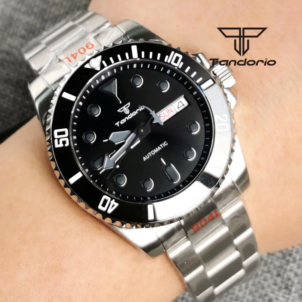 Tandorio 24 Jewels NH36 Black Dial 40mm Automatic Men Watch Auto Date Weekday Alloy/Ceramic Insert Sapphire Glass Bracelet