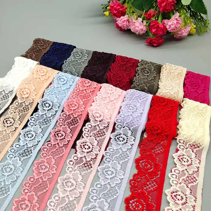 New 2Yard Elastic Lace Fabric Ribbon 3.4CM Wide Lace Trim Ribbon Diy Craft Fabric African Fabrics Stretch underwearAccessories