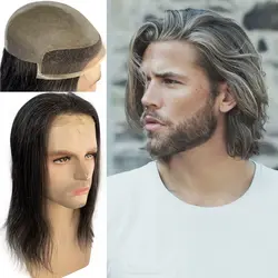 Men's Toupee 12'' Long Hair Replacement Systems Swiss Lace Front Hairpieces Thin Skin PU10
