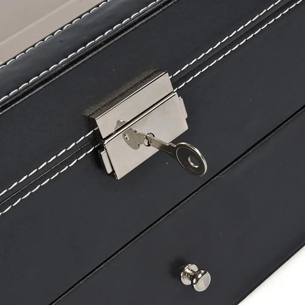 12 Grids Black Sunglass Organizer Leather Eyeglasses Collector Double-Layer Eyewear Display Case Lockable Storage Box