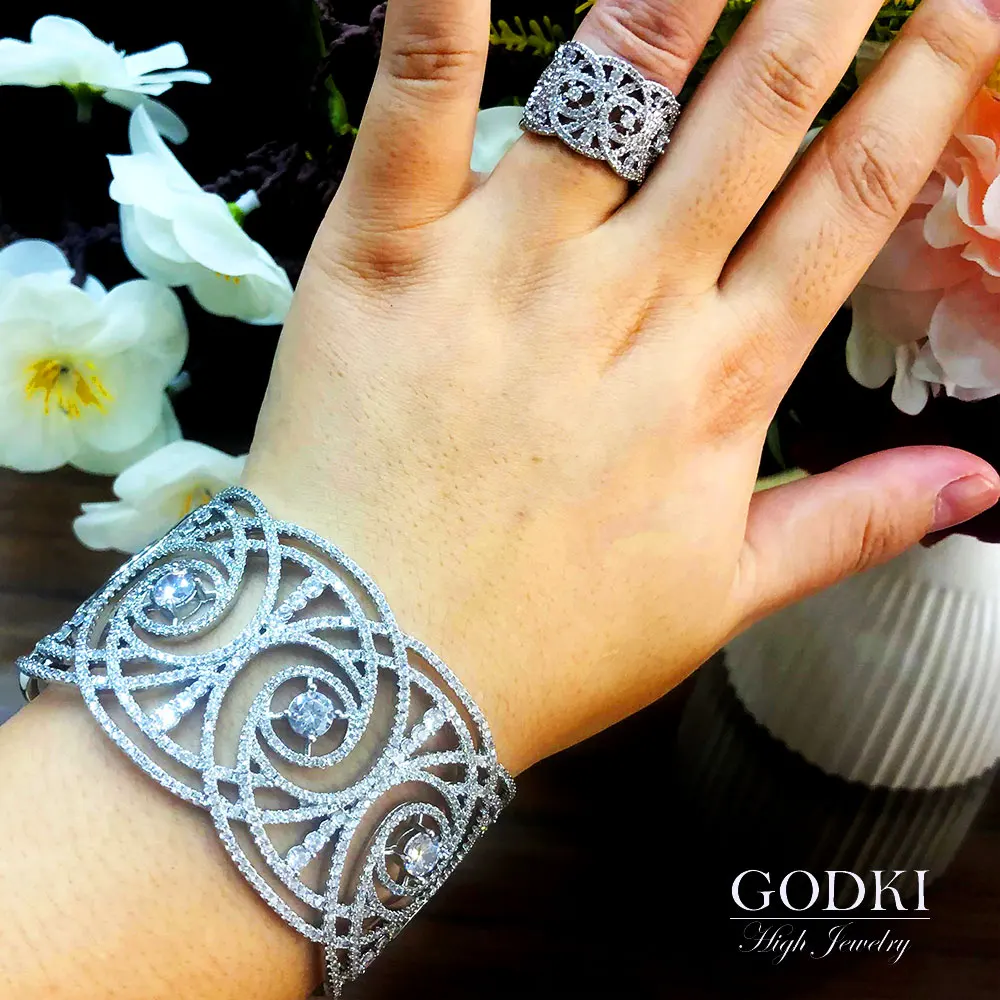 GODKI Trendy Luxury Crossover Statement Bangle Cuff Ring Sets Jewelry Set For Women Wedding Cubic ZirconIA Dubai Party Bracelet