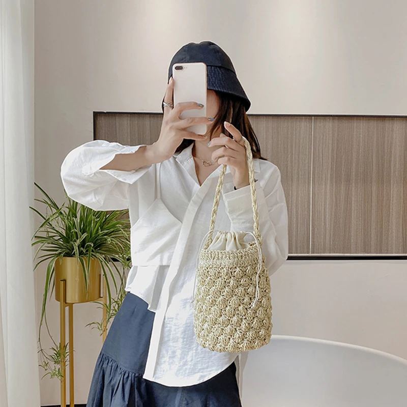 Yogodlns Sommer Stroh Umhängetasche Frauen Große Kapazität Rattan Eimer Tasche Handarbeit Gewebt Strand Tasche Mode Urlaub Handtasche Tote – Detail 10