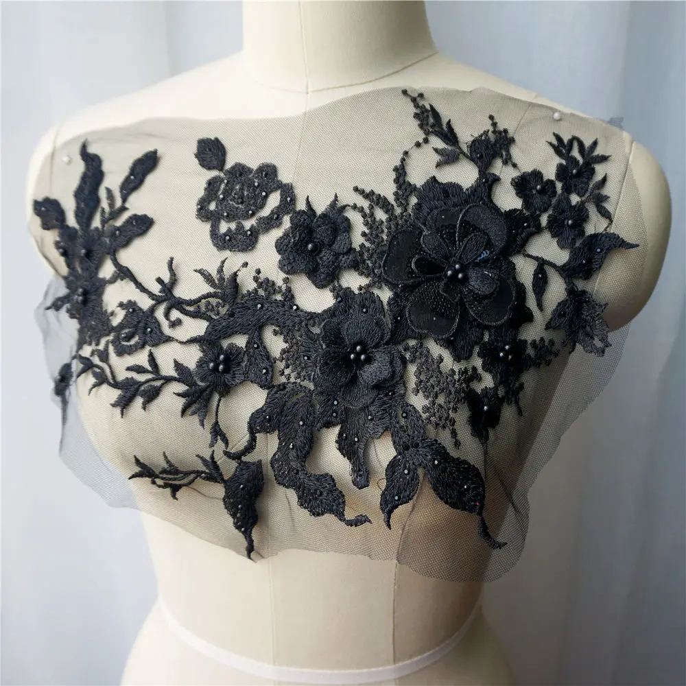 33CM Black Embroidered Flowers Rhinestone Appliques Sew On Patch Pearls Lace Trims Mesh Wedding For Bride Evening Dress DIY