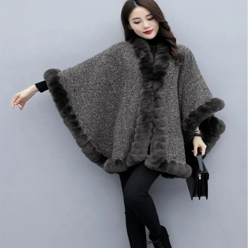 UHYTGF Mode Cape Schal Woolen Mantel Fledermaus Ärmel Temperament Weibliche Herbst Winter Mantel Wilden Fleece Warme Große Größe Mantel Jacket760