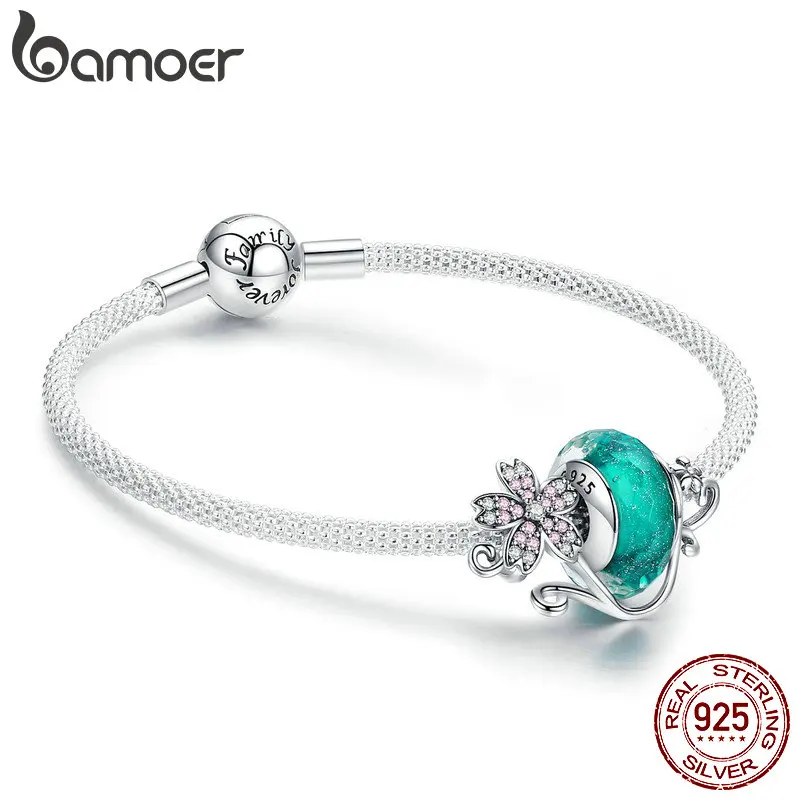 BAMOER Authentic 925 Sterling Silver Daisy Flower Green Glass Beads Strand Charms Bracelets for Women 925 Silver Jewelry SCB822