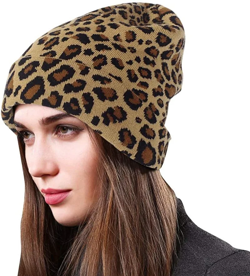 

Ladies Winter Leopard Hat Fashion Women Wool Warm Knitted Hats Animal Print Beanies Cap Gorros Mujer Invierno Thicken Bonnet A++
