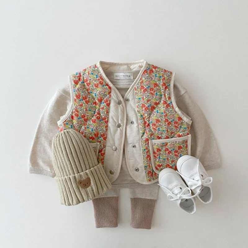 2024 Autumn New Baby Floral Sleeveless Coat Cotton Kids Warm Vest For Girls Clothes Fashion Baby Boy Double Sided Windproof Vest