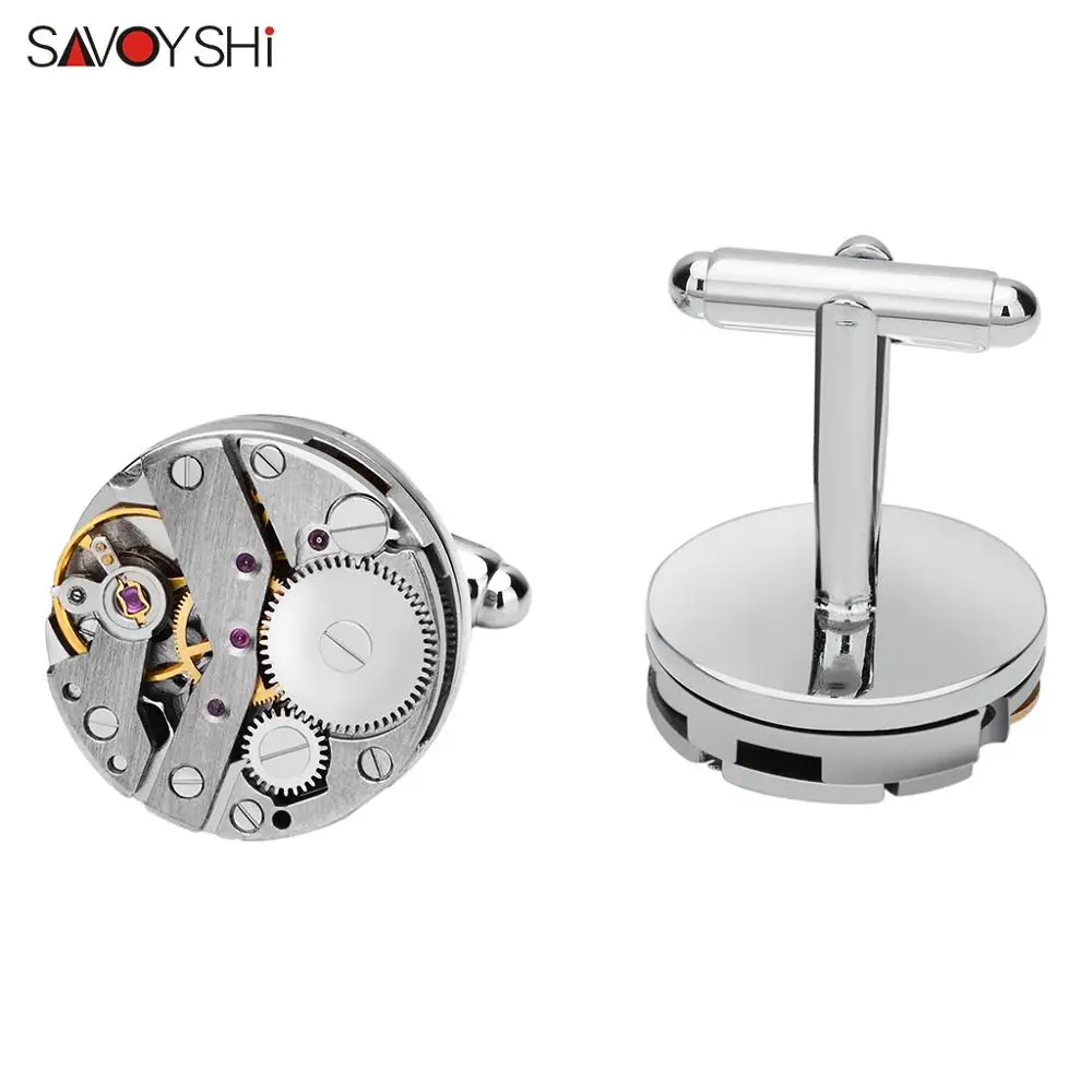 SAVOYSHI Newest Steampunk Gear Cufflinks for Mens Shirt Cuff buttons Mechanical Watch Movement Cuff Links Free carving name