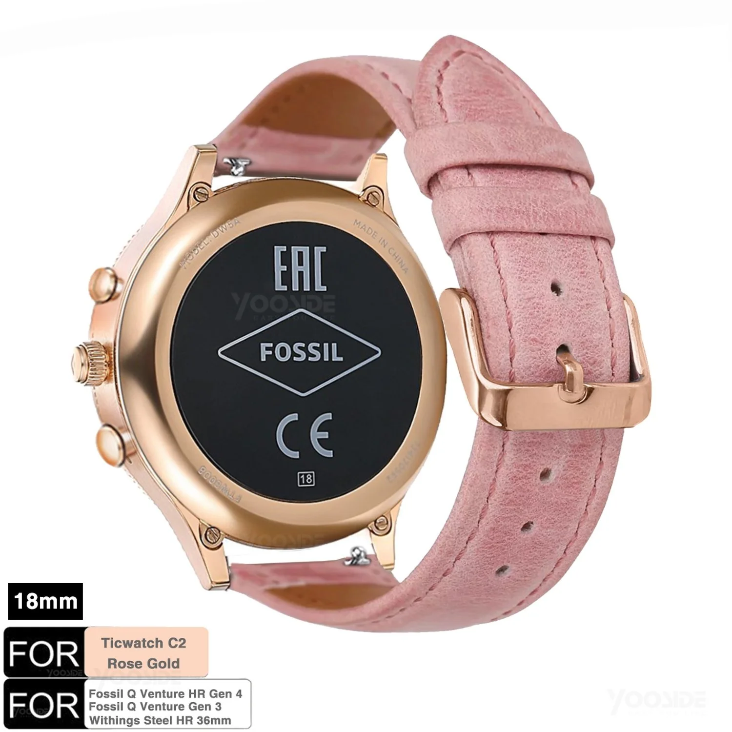 

for Fossil Venture Watch Band 18mm Quick Release Classic Leather Rose Clasp Women Wrist Strap for Fossil Q Venture Gen 3/Gen 4