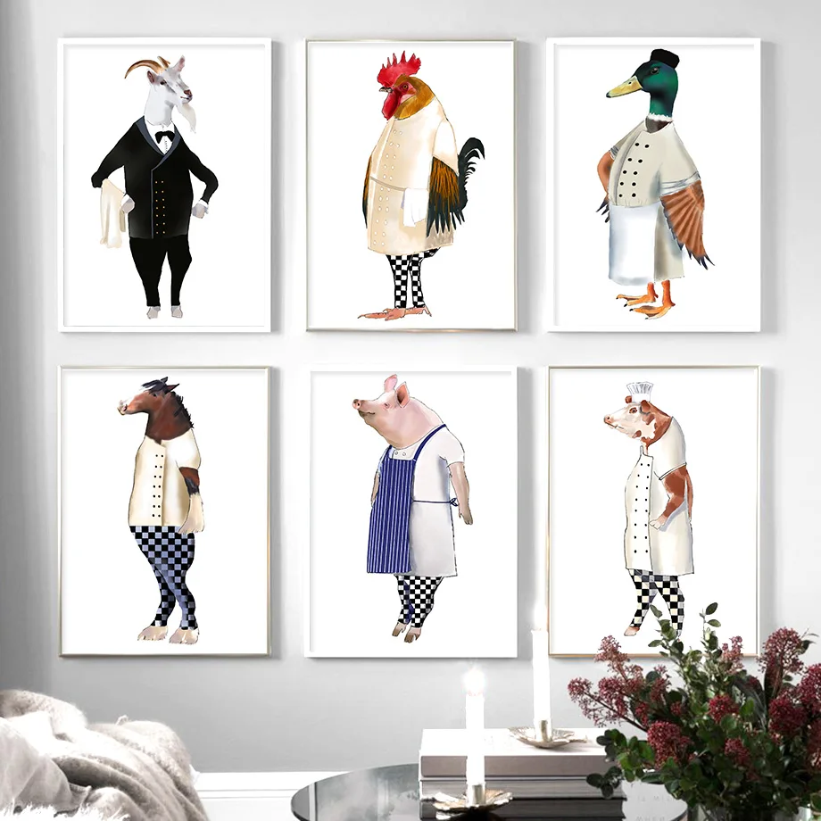 sheep pig Chicken Cattle Animal Chef Wall Art Canvas Painting Nordic Posters And Prints Wall Pictures For Living Room Decor