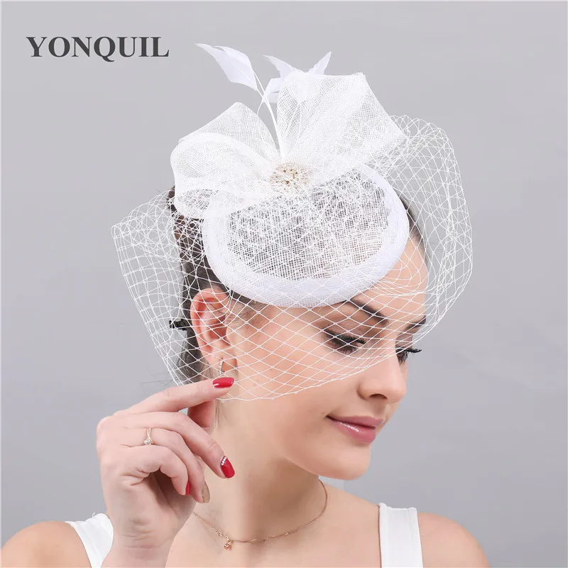 White Sinamay Wedding Hat Fascinator Women Elegant Fashion Headwear Veilling Bride Hat Marry Ladies Party Dinner Chapeau Cap