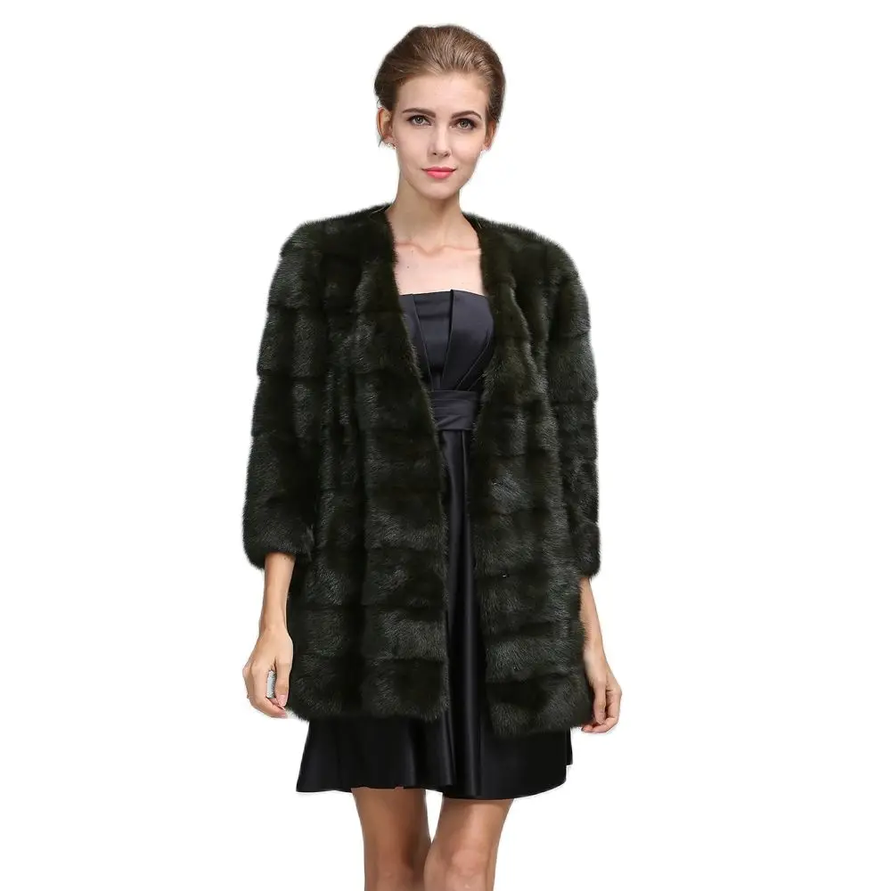 Elegant Women Mink Fur Coat Black V Neck Three Quarter Sleeve Out Coat Winter Fashion Ladies