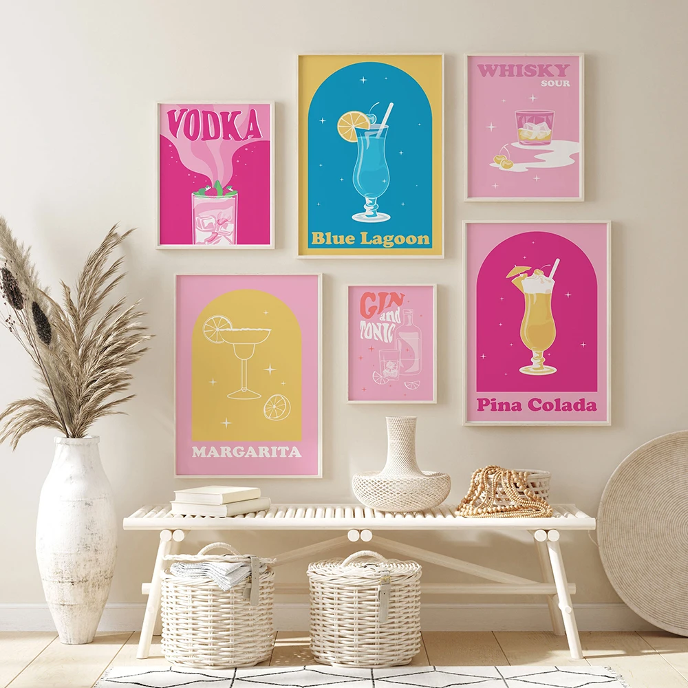 

Whisky Gin Poster Nordic Cartoon Pink Cocktail Canvas Painting Juice Art Print Wine Wall Picture For Living Room Home Decor