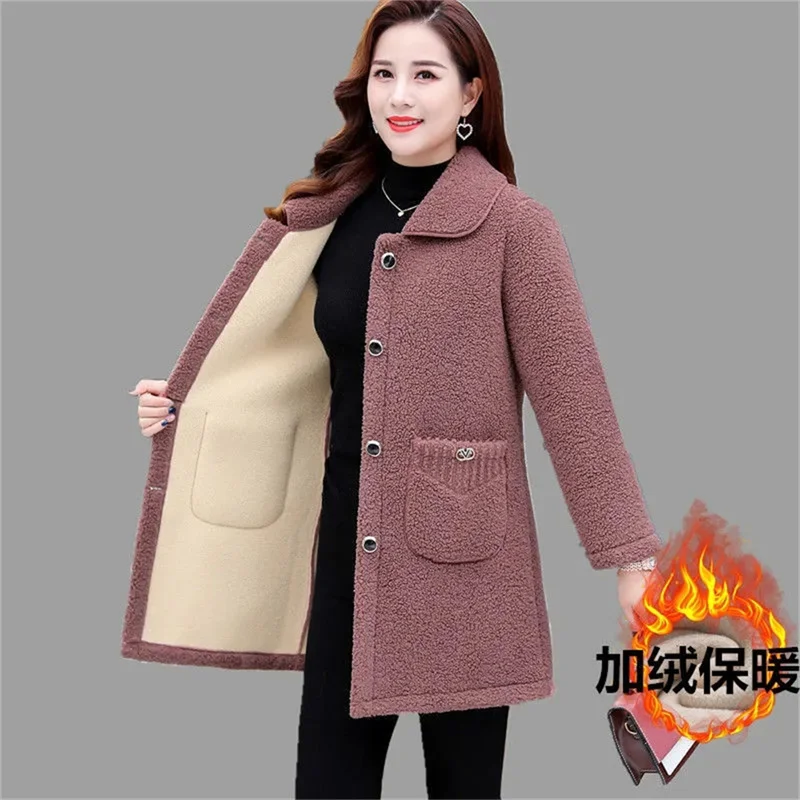 2022 XL-6XL Middle-Age Elderly Women\'s Clothing Thicken Imitation Lamb Wool Coat Mother\'s Winter Mid-Length Granular Velvet Coat