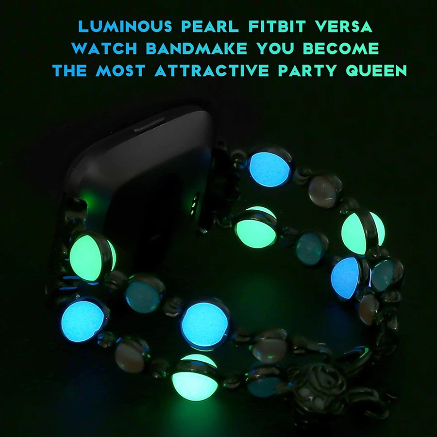 Luxury Metal Strap for Fitbit Versa 2/ Fitbit Versa 3 Sense Bands Bracelets Beaded Handmade Night Luminous Pearl Jewelry Woman