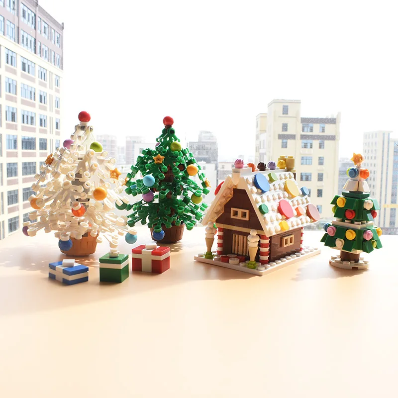 MOC Building Blocks Winter Santa Claus Christmas Tree Snowflake Snowman Elk Gingerbread House Compatible Mini Kids Toys Gift