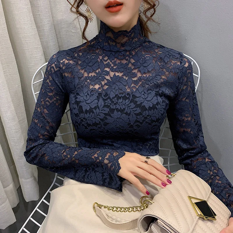 2020 Spring Autumn Women Sexy Blouse Female Half High Collar Bottoming Shirt Feminine Slim Lace Mesh Beauty Tops