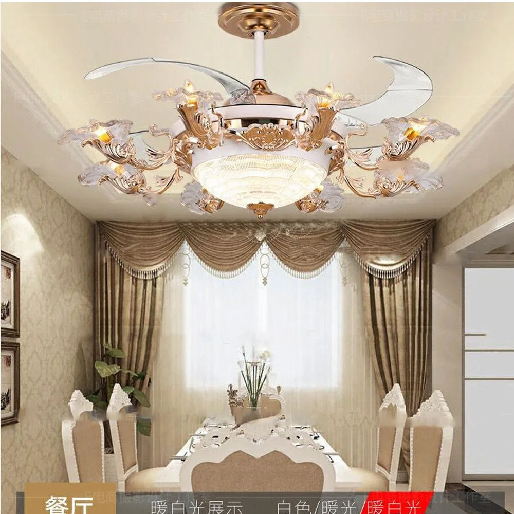 Luxury European style invisible ceiling fan light, living room fan light, golden retro remote control fans with 8 lights