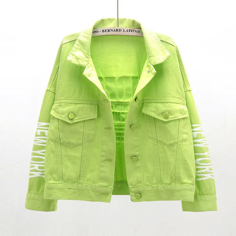 2021 kurze Jeans jacke Frauen Frühling Herbst Baumwolle Student Jeans Outwear Brief druck lose lässig Top Grasgrün orange kw1016