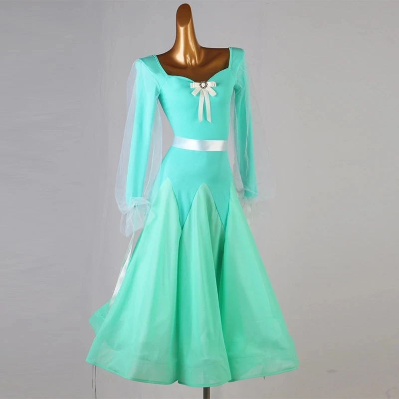 Waltz Ballroom Bell Sleeve Chiffon Dance Practice Costume Light Green Evening Dress Concert Ballroom Dance Costume