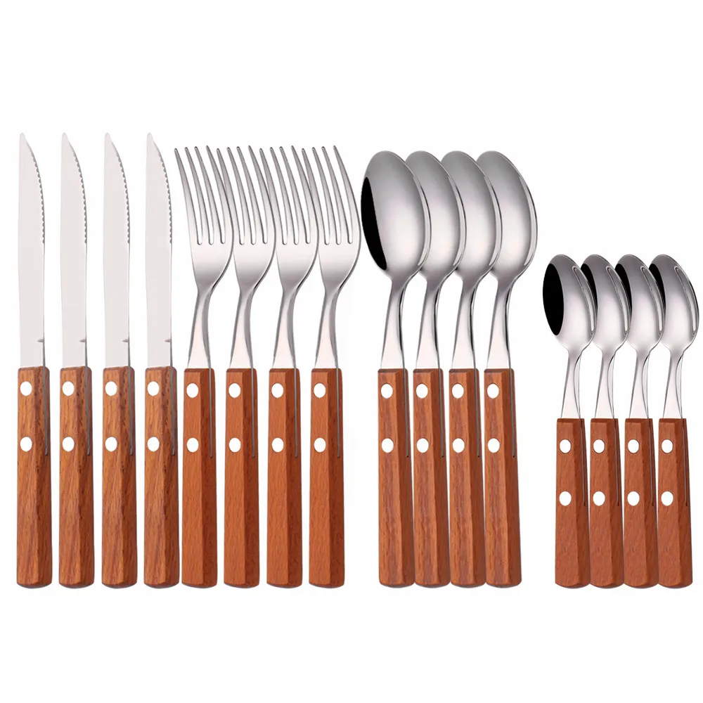 Wooden Handle Silverware Set Kitchen Tableware Stainless Steel Cutlery Set Spoon Fork Knife Set Dinner Set Complete Dinnerware