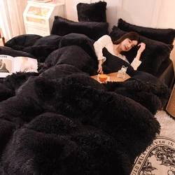 3/4pcs Long Hair Plush AB Side Duvet Cover Set Queen King Size Flannel Fleece Bedclothes Solid Color Home Textile Drop Shipping