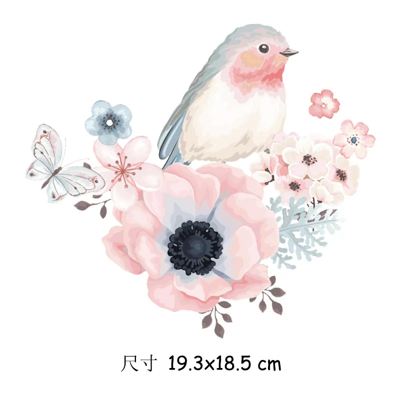 Pink Bird Flower Iron on Patches for Clothing Heat Transfer Themal Stickers on Ladies T-shirt Applique DIY Cute Parches Decor