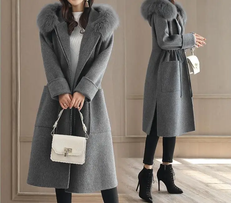 

Black Coat Female Winter Women Parka Long Windproof Jackets Alpaca Coat Women Rabbit Fur Collars Stitching Wool Blends