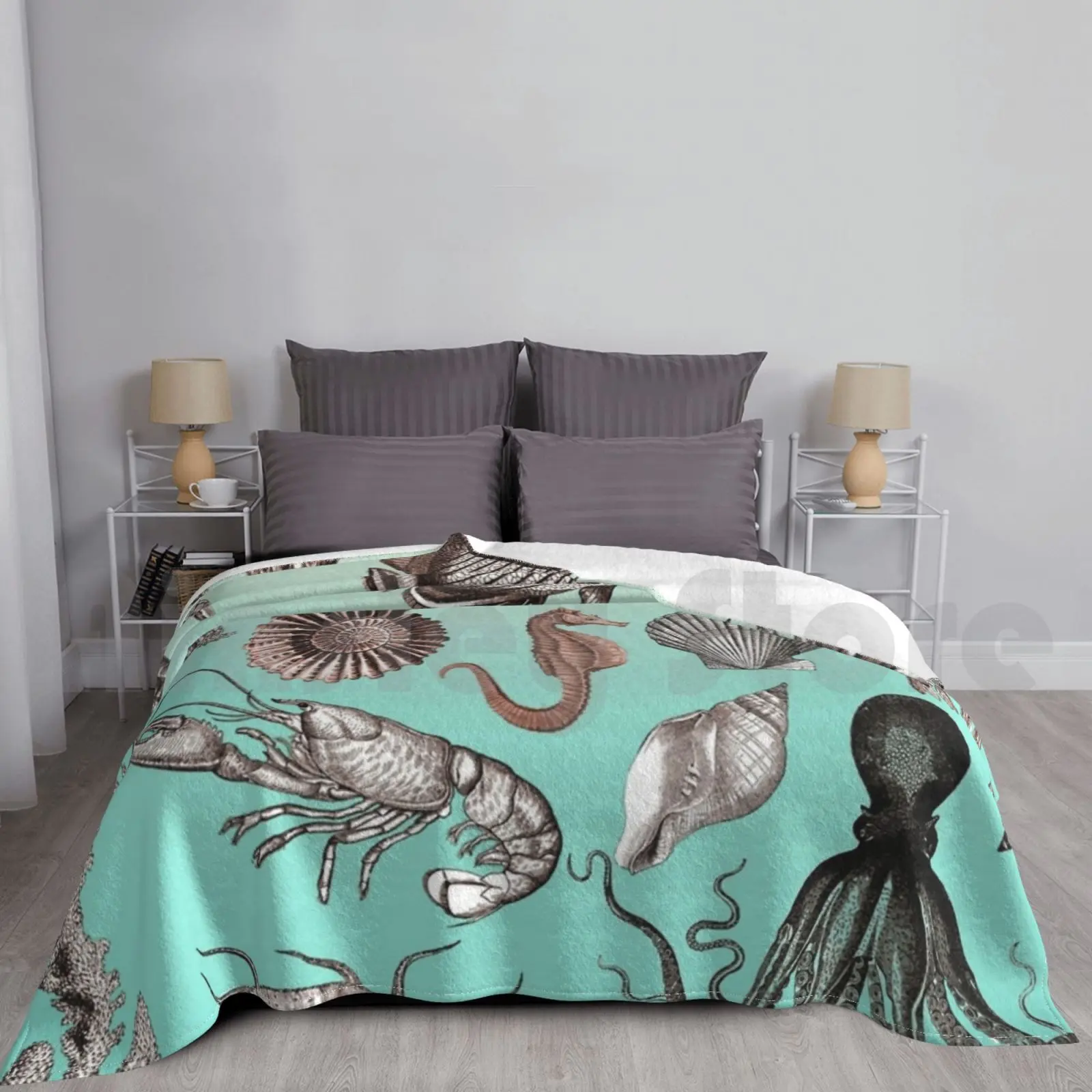 Marine Life Blanket Super Soft Warm Light Thin Marine Life Ocean Life Seahorse Frankie Cat Crab Lobster Octopus Squid