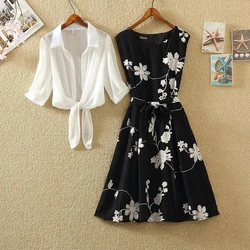 White Chiffon Polo-Neck Shirt Women's Dress Sets Floral Vintage O-Neck Sleeveless Knee-Length Dresses For Women Two Piece Set