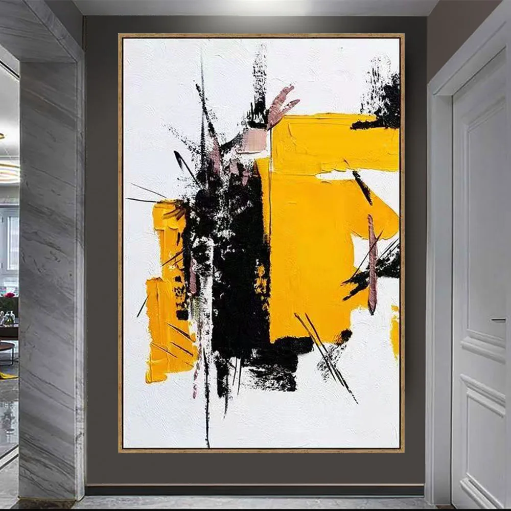 Hand Painted Modern Oil Painting Chinese Style Splash Ink Art Black Yellow Abstract Line Canvas Paintings Living Room Home Decor