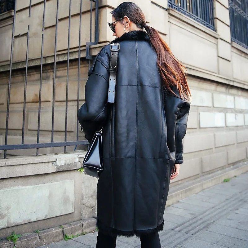 

Sheepskin Natural Womens Wool Collar Black Long Wide-Waisted Jackets V-Neck Pockets Zippers Hip Hop Winter Real Fur Coat