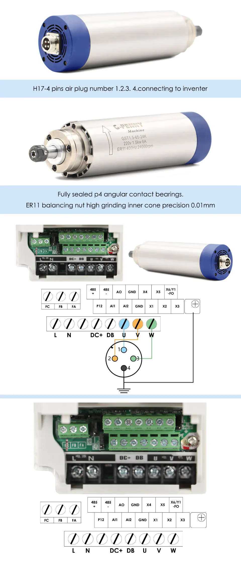 G-Penny 220V 1,5kW ER11 65mm luftgekühlte Spindel-Kits und H100 Inverter und 65m Halterung für CNC-Fräsmaschine – Detail 7