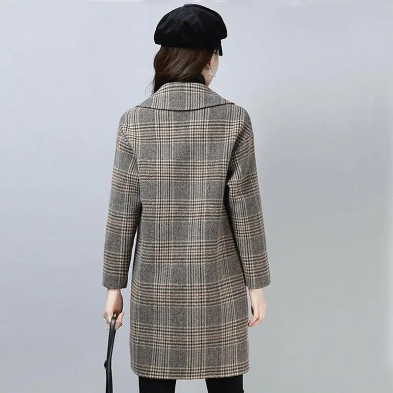 2025Autumn Winter New Coat Ladies Woolen Jacket Women's Mid-Length Korean Version Plaid Overcoat Suit Collar Wool Outwear Female