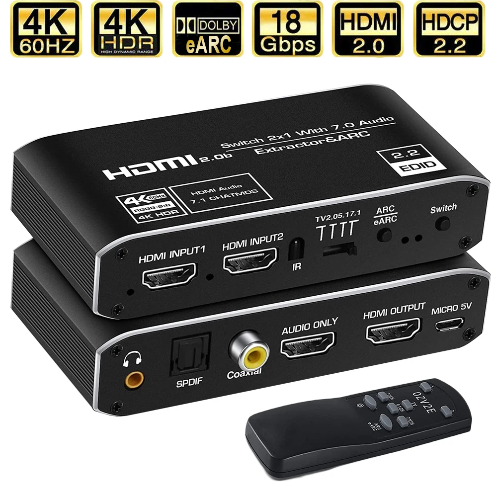 2x1 4K 120Hz HDMI Switch EARC Audio Extractor ARC & Optical Toslink HDMI 2.0 Switch 4K HDMI Switcher Remote for Apple TV PS4