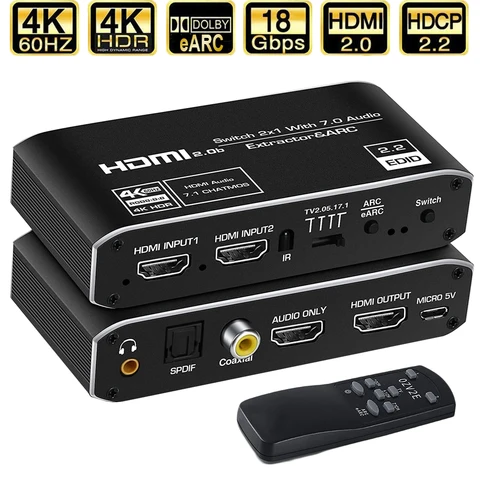Switch HDMI 2x1 4K 120Hz com Extrator de Áudio EARC, ARC e Óptico Toslink, Switch HDMI 2.0 4K com Controle Remoto para Apple TV e PS4