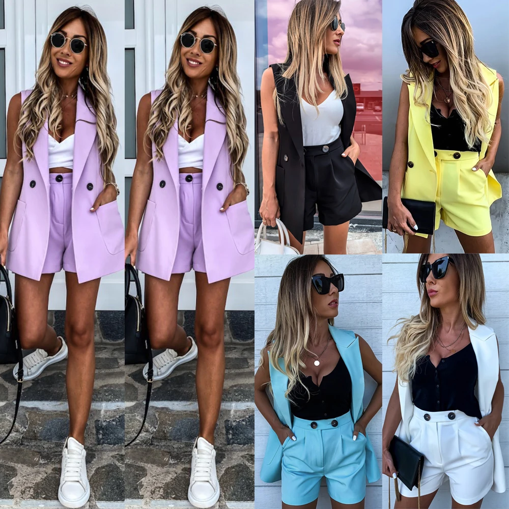 

Women Two-Piece Suit Waistcoat And Shorts Set Solid Color Vest Coat Single Button Yellow Sleeveless Blazers With Shorts Suit New