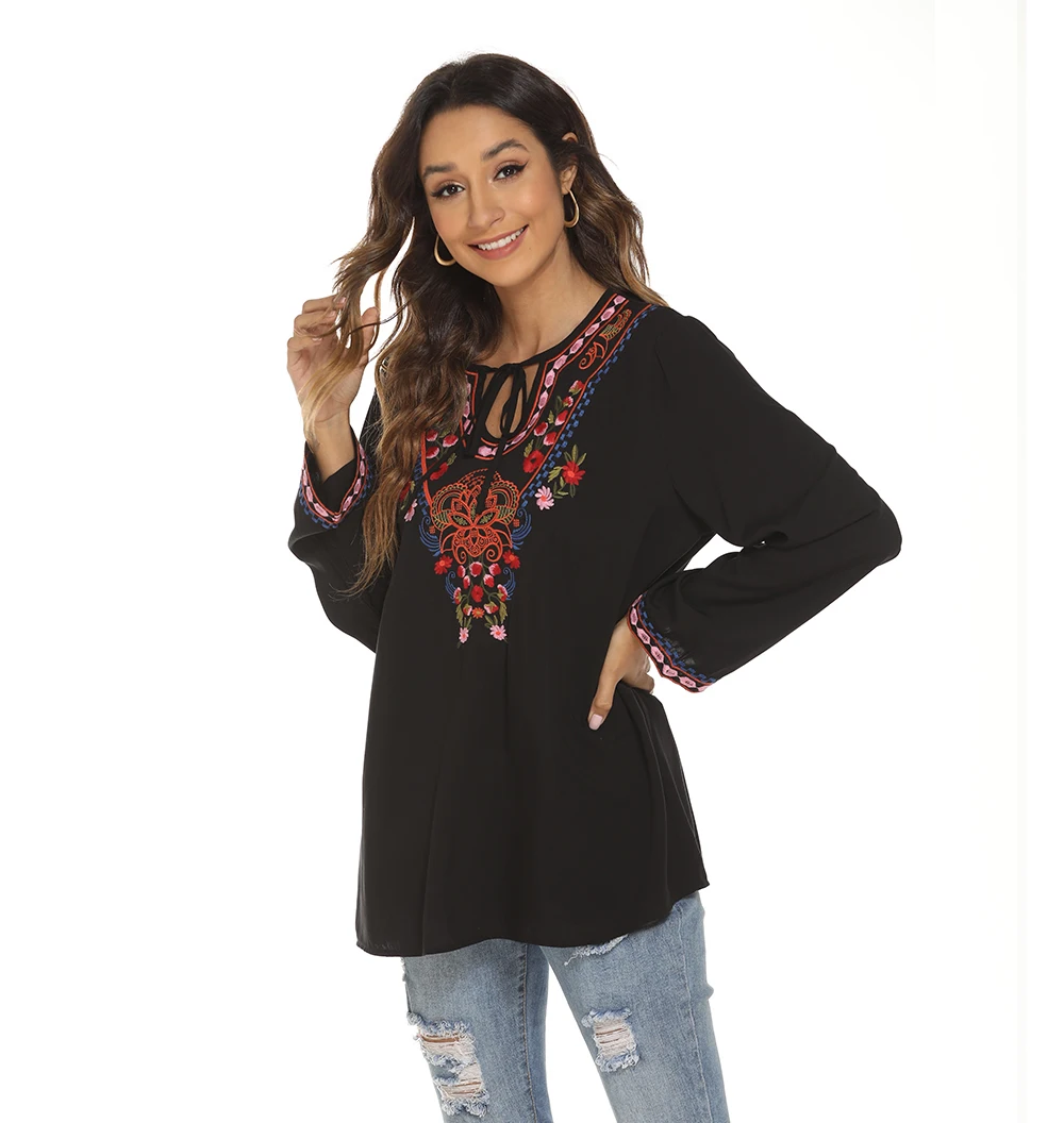 Embroidery Blouse for Women, Plus Size Mexican Shirt, Long Sleeve V-neck, Lace Up Vintage, Ethnic Embroidered Top, Black, Autumn