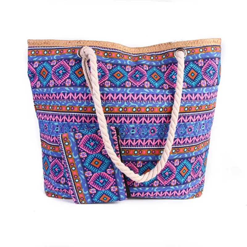 Bolso de mano de lona para mujer, bolsa de mano de lona de 2 piezas, a rayas de colores, de gran capacidad, estilo bohemio, informal, para la playa, novedad de 2022