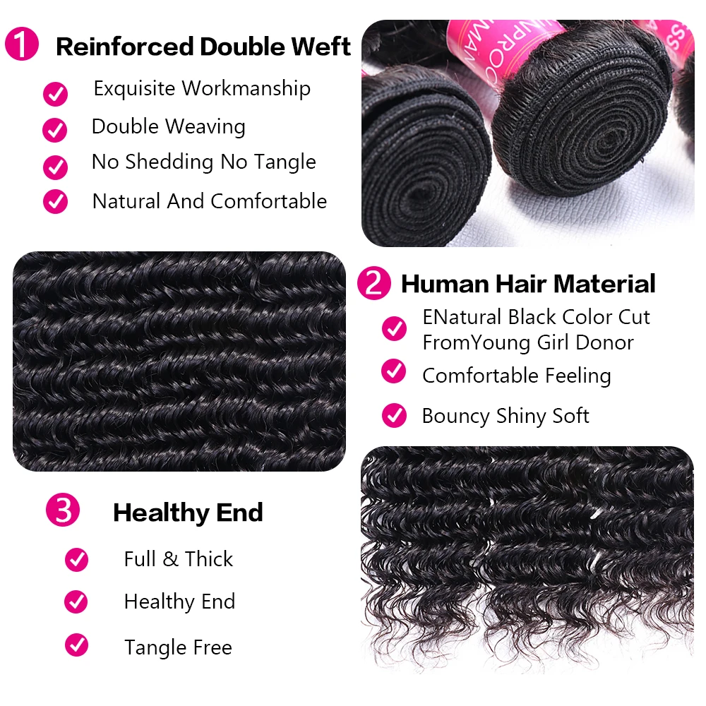 Deep Wave Bundles with Closure Human Hair Bundles extension 4x4 Pre-plucked Lace Closure with 3/4 Bundles Deep Curly Hair