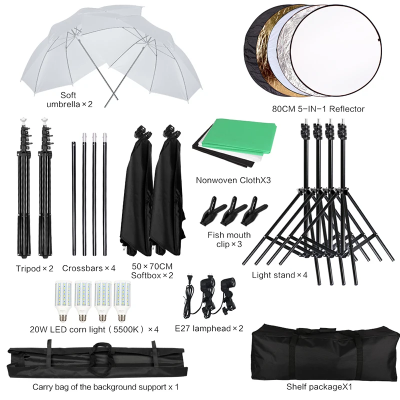 2.6x3m Background Support System 20W 5500K Umbrellas Softbox Continuous Lighting Kit Backdrop Photography Reflector Tripod Stand